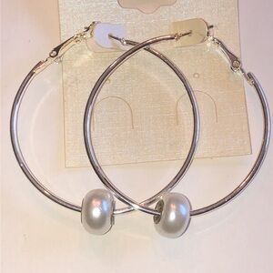 Silver Tone Boho Hoop Earrings with Faux Pearl Accents